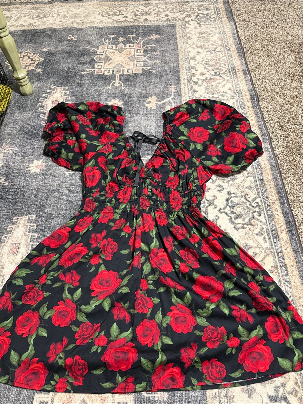 Old Navy Black Midi Dress with Red Rose Print and Puff Sleeves - Picture 1 of 7